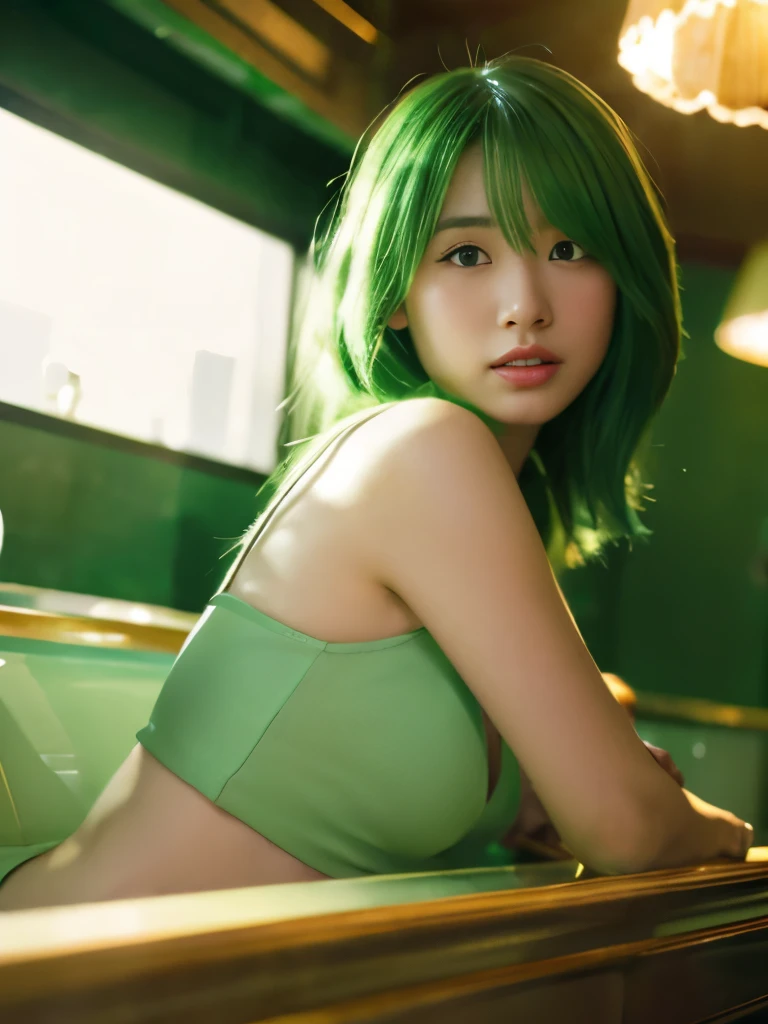 {{masterpiece}}, {{highest quality}}, {{Super detailed}}, {{illustration}}, cinematic lighting,beautiful delicate shine, dynamic angle, Depth of bounds written, light_leak, wonderful, fine details, 4k, 8K,japanese idol, green hair, Luxurious interior, contemporary furniture, green accents, chic space, art gallery, modern apartment, {sexy pose｝,back,
