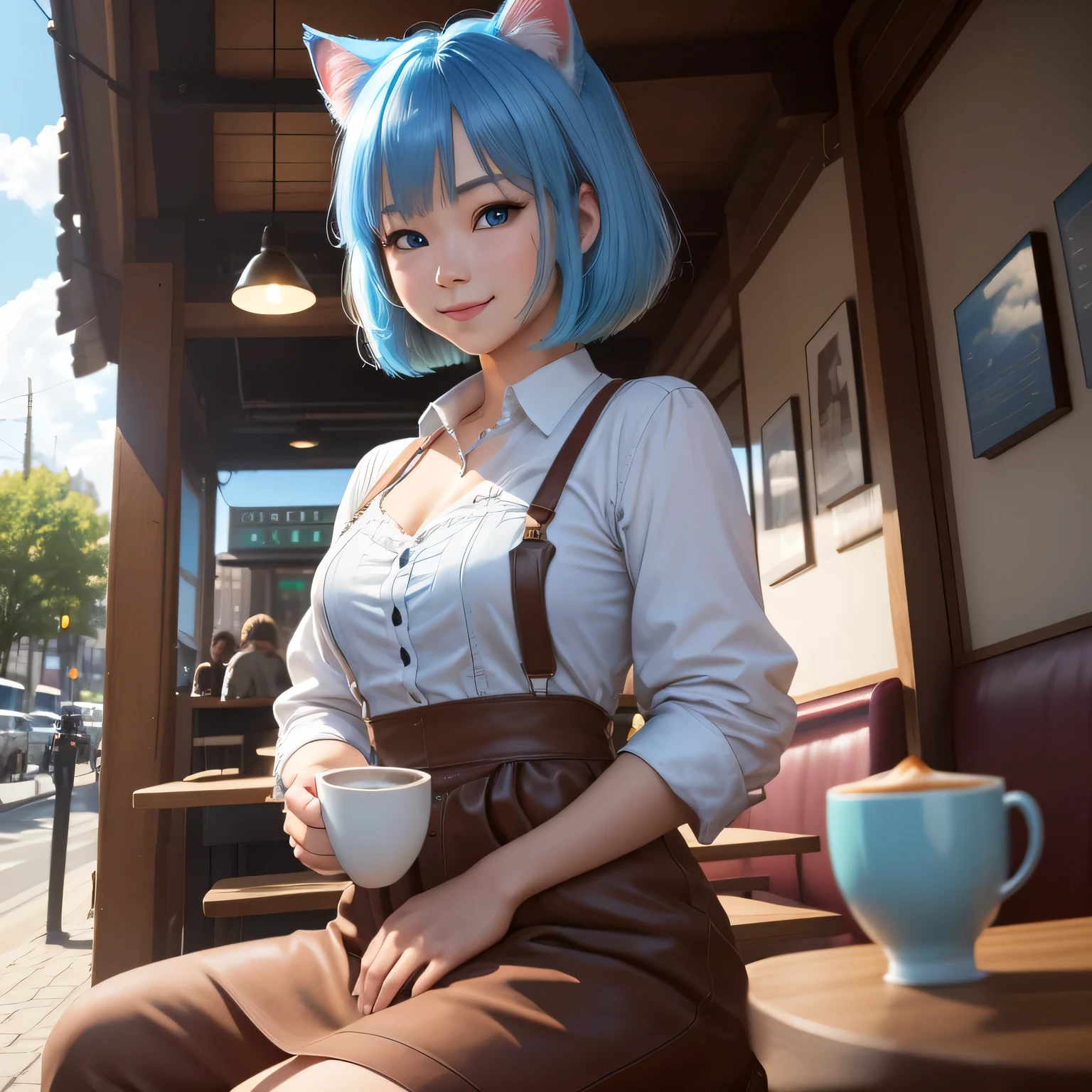 (8k, HDR, RAW photo, best quality, masterpiece:1.2, realistic lighting), Cowboy shot, korean girl, solo, smile, (bob cuts hair), sky blue hair, path traced hair, (sky blue cat ears), ((sky blue eyes)), beauty eyes, (thin face), flat chest, (cafe:1.3), relaxing in cafe, drinking a cup of coffee, look up, upper body.