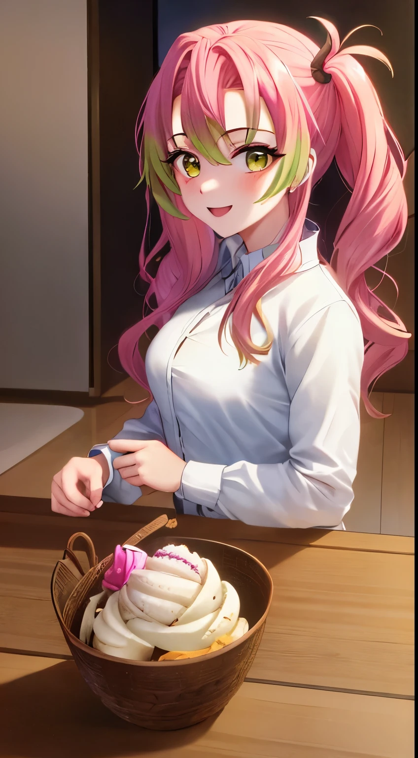 Masseter muscle part, highest quality, ultra high resolution, highest quality, anime style, best lighting, beautiful face, masterpiece, 8K, High level image quality, High pixel count, 1 female, 1 girl,alone, pink and green gradation hair, yellow eyes, big smile, Full body Esbian, (Centered on the face:1.1), facing the front, Kitchen background, upper body, (small breasts:1.1), (Gelato Pique:1.3)
