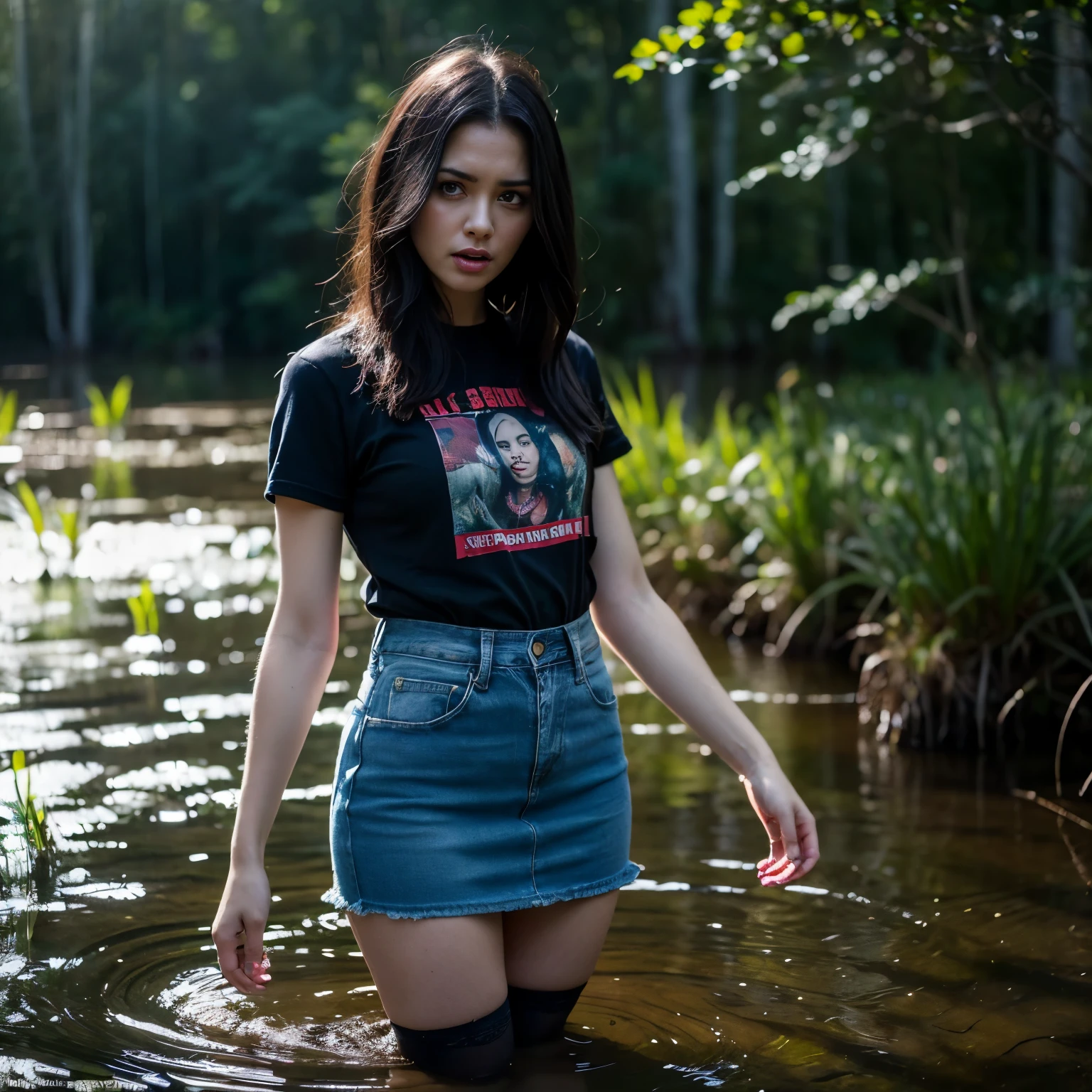 "(best quality,A high resolution:1.2),ширарная woman withered and withered,elongated, sharp face,gray eyes,pronounced wrinkles,square haircut,Short denim skirt,T-shirt,dark lace stockings with garters, standing, ( drowning in a swamp:1.2),long eyelashes,expression of despair,Dark and moody lighting, horror. The pose expresses panic and awkwardness. Inevitability, retribution for breaking a taboo"