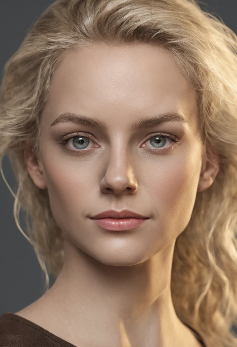 Generate a portrait photo of a beautiful 25 y.o. blonde female that achieves undoubted photorealism, rule of thirds, realistic perfect face,The skin have a complex texture map that includes pores, moles, fine lines, and slight variations in pigmentation, with a multiscale roughness map to simulate varying levels of shininess and matte across the face. Implement advanced subsurface scattering techniques to emulate the semi-translucent property of skin with irregular diffusion, especially around the nose and ears. Render the hair with a physics-based simulation that reflects the natural grouping and adhesion of strands, varying in transparency and glossiness. The eyes have a deep-set look, with a multi-layered iris texture that includes fine fibrous details and an irregular, non-uniform catchlight reflecting a realistic light environment. Include micro-veins in the sclera with subtle color gradients to mimic the natural variance in human eyes. Ensure facial symmetry is not absolute, introducing micro-variations in the position and scale of features to reflect the natural asymmetry of a real human face. The lips have a detailed texture map that defines dry versus moist areas,causing light to scatter differently across them.Employ a dynamic range lighting setup that casts defined but soft-edged shadows to sculpt the facial features, using a combination of a strong key light and a softer fill light to create a realistic interplay of light and shadow. Include ambient occlusion particularly in areas where the hair casts a shadow on the forehead, and where the neck meets the jaw. The final render should incorporate environmental lighting effects, reflecting subtle colors from the surroundings onto the skin, and should be free from any noise or rendering artifacts. Capture this with the precision of a full-frame sensor camera, through an 85mm prime lens set at f/2.0 for a shallow depth of field,rendering a softly blurred background