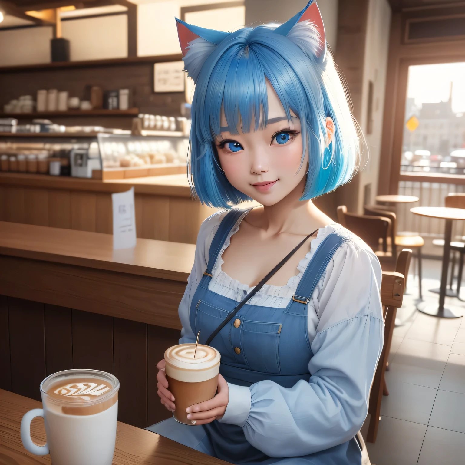 (8k, HDR, RAW photo, best quality, masterpiece:1.2, realistic lighting), Cowboy shot, korean girl, solo, wearing daily outfit, smile, (bob cuts hair), sky blue hair, path traced hair, (sky blue cat ears), ((sky blue eyes)), beauty eyes, (thin face), flat chest, (cafe:1.3), relaxing in cafe, drinking a cup of coffee, look up, upper body.