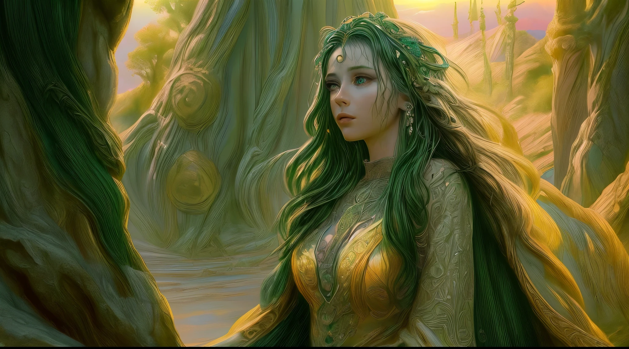 high details, Fantasy Poster, best quality, 8k, [ultra detailed], masterpiece, best quality, Photorealistic , dynamic angle, ultra wide shot, photorealistic, fantasy art, dnd art, rpg art, realistic art, an ultra wide picture of druid grove in a fantasy desert canyon and its druid warden observing all, a fantasy desert canyon (intricate details, Masterpiece, best quality: 1.5), (at sunset: 1.5), a stream of water (intricate details, Masterpiece, best quality: 1.5), waterfall (intricate details, Masterpiece, best quality: 1.5), human female druid, full body (intricate details, Masterpiece, best detailed: 1.5), exquisite beautiful woman druid (intricate details, Masterpiece, best detailed: 1.5), ultra detailed face (intricate details, Masterpiece, best detailed: 1.6), black hair, long hair, wavy hair (intricate details, Masterpiece, best quality: 1.5), dynamic eyes color, fair skin, wearing yellow cloak (intricate details, Masterpiece, best quality: 1.5), green robe (intricate details, Masterpiece, best quality: 1.5), cinematic light, pastoral atmosphere, divine light, gods rays, hyperrealistic, Photorealistic, 16k, RAW, award winning, [ultra detailed], masterpiece, best quality, (ultra detailed), full body, ultra wide shot, photorealistic,