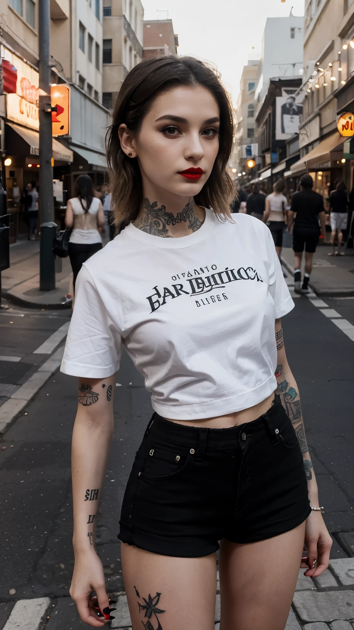 Beautiful skinny white girl with tattoos, short patterned shirt, black shorts, makeup, red lipstick, great lighting, in street,small nose