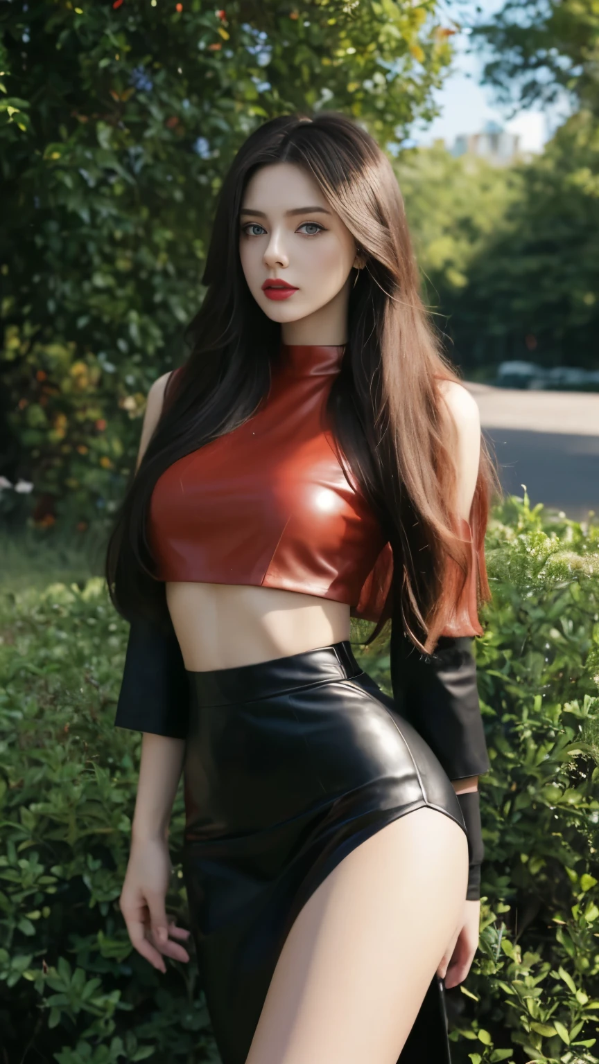 Beautiful girl, long hair, layered hair, femoral, blue eyes, Red lips, light makeup, leather crop top, leather pencil skirt, Black and red color combination outfit, park landscape, tall tree, bush,