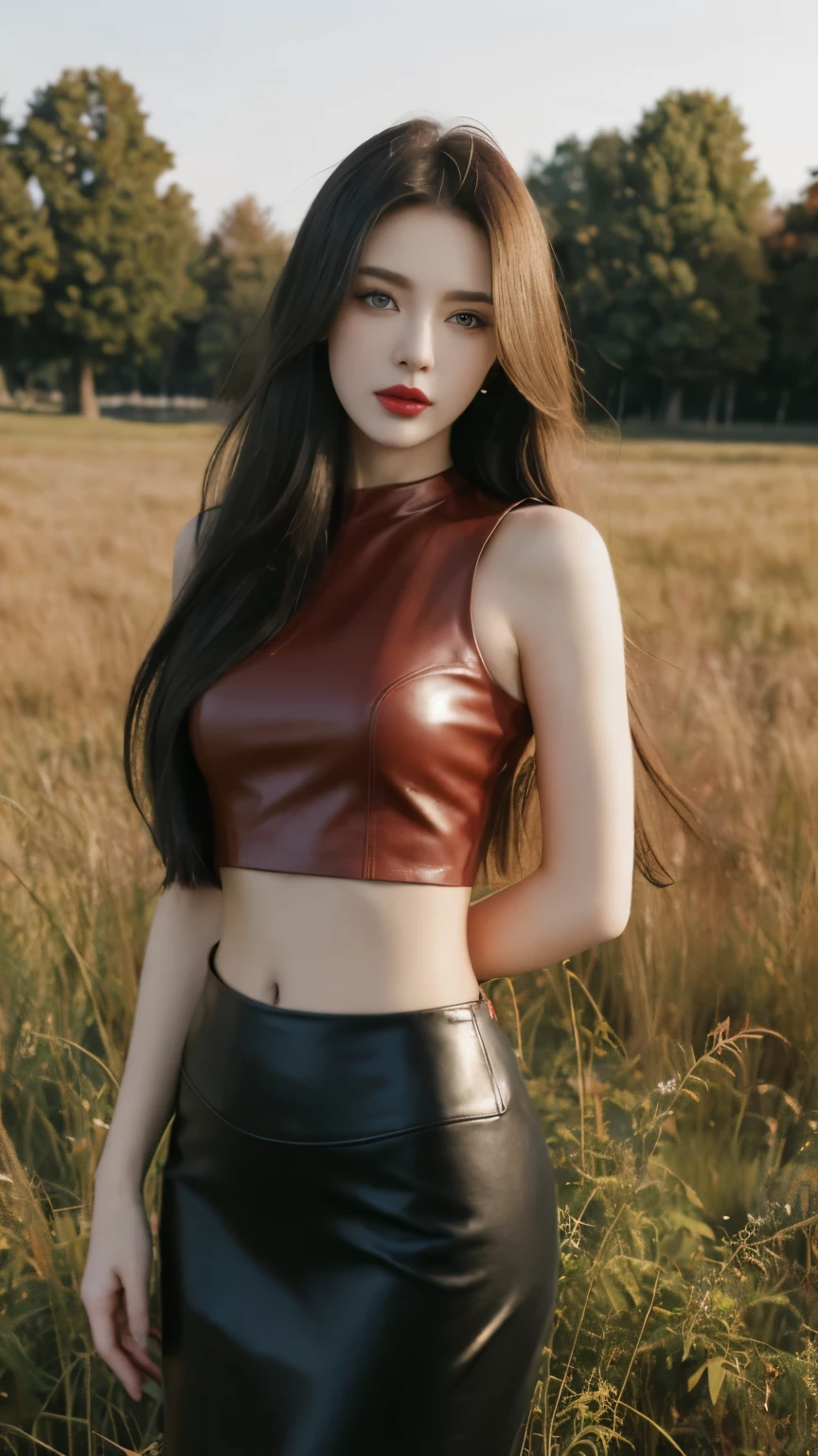 Beautiful girl, long hair, layered hair, femoral, blue eyes, Red lips, light makeup, leather crop top, leather pencil skirt, Black and red color combination outfit, park landscape, tall tree, bush, 