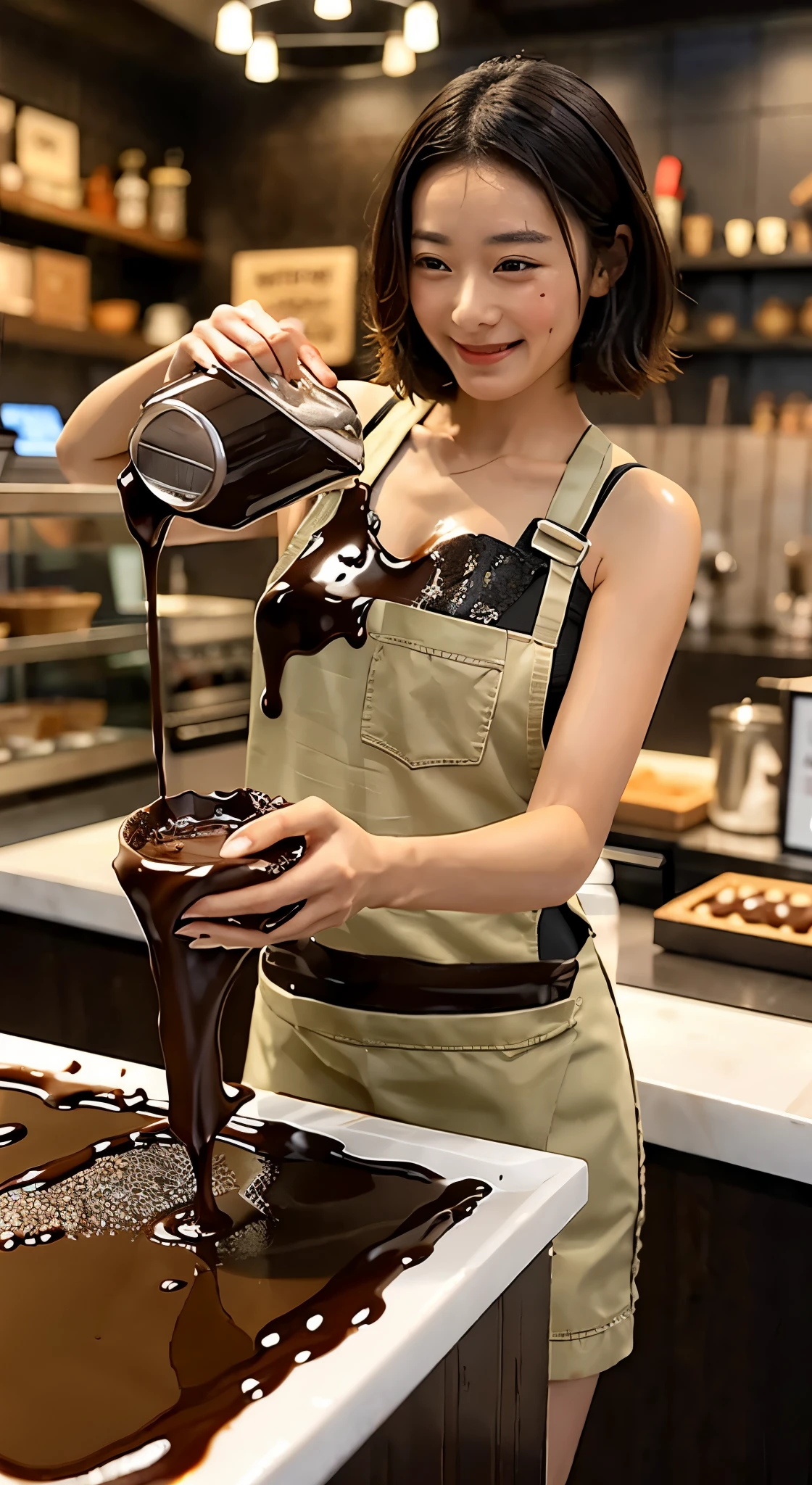 there is a woman in a green apron holding a cup, mysterious coffee shop girl, realistic shaded perfect body, [ 4 k digital art ]!!, humiliated Asian girl, photorealistic perfect body, hot coffee, beautiful alluring anime woman, in a coffee shop, with a drink, thicc, realistic, liquid chocolate splash, chocolate drips on skin and nose, falling chocolate from above, brown liquid drips, Chocolate shower, brown liquid splashes, Oily skin, ((seductive:1.5)), chocolate waterfall, chocolate pouring onto her hair and shoulders, smothered in liquid, covered with brown goo, made of smooth brown goo, dripping on her skin, brown slime, black hair, detailed, (chocolate pouring in background)+ shiny skin, ((chocolate pouring down)), yellow oil sludge, covered in oozing brown goo, chocolate river, made of smooth brown goo, dark chocolate paint, chocolate sauce, covered with pudding