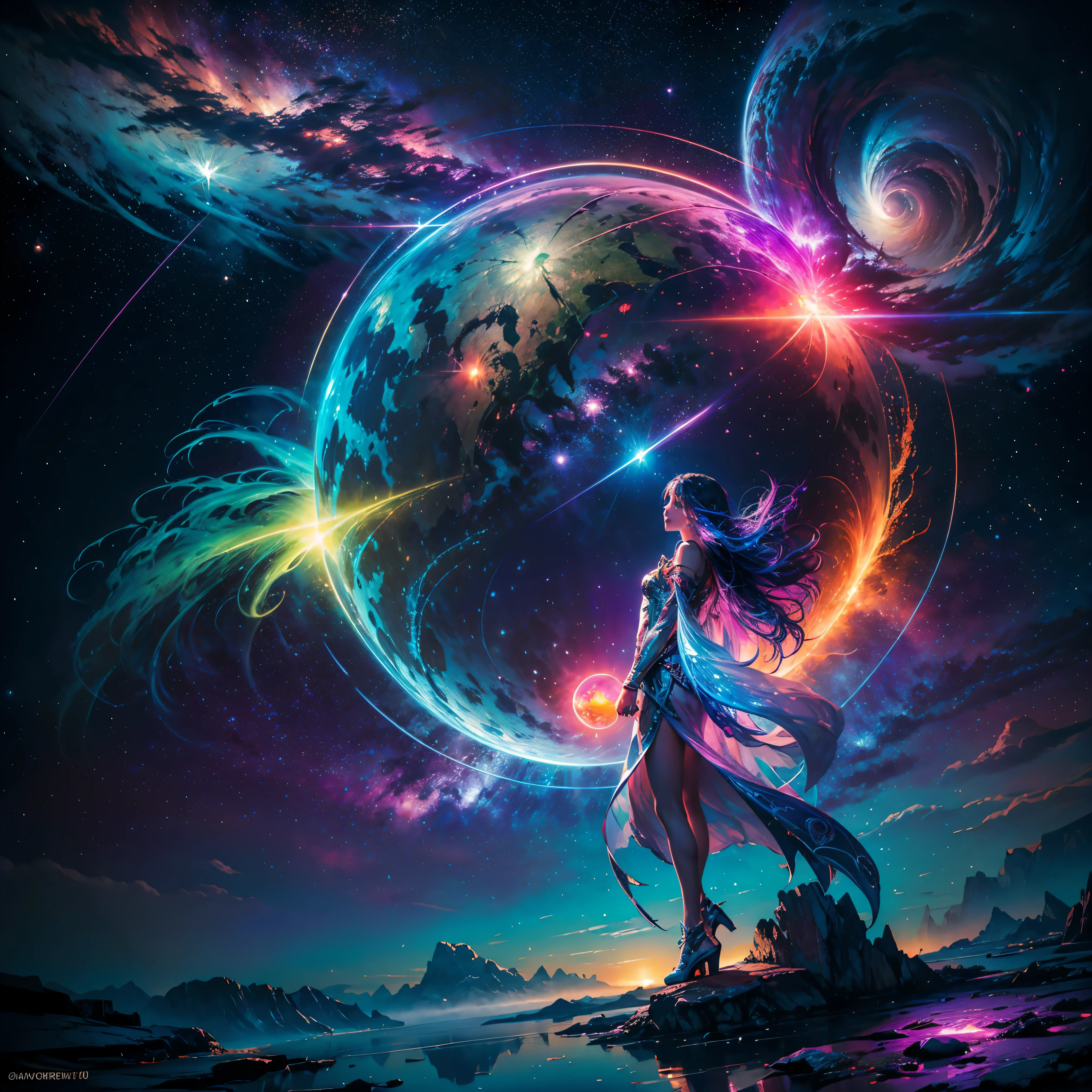 Hyper Vibrant Nebulae Octans by_Mappa Spacious Starry_sky ((🎈Sunset epic sunshine parabolic sunrise Rain_Color Colorful_liquid_on_naked_body:1.3 Colorful_body Colorful_ink_on_hair:1.2 Rainbow Abundant_colorful_liquids White_liquid fullbodye wet_Color_liquid)) In the vast expanse of the cosmos, a breathtaking image unfolds before your eyes. In the heart of a starry galaxy, vibrant nebula dance and swirl, their ethereal colors blending and intertwining. The scene is a symphony of cosmic beauty, with tendrils of interstellar dust and gas reaching out into the void. The stars shine with an otherworldly brilliance, illuminating the cosmic tapestry that stretches across the vastness of space. It is a visual feast for the senses, an awe-inspiring glimpse into the wonders of the universe. BREAK,Detailed,Realistic, highly detailed digital art,octane render, bioluminescent, BREAK,by Mappa studios,masterpiece,best quality,official art,illustration,ligne claire,(cool_color),perfect composition,absurdres, fantasy,focused,rule of thirds masterpiece meticulously intricate 🎠deep path equirectangular🎡 ultra_high-details extreme improved ultra_high-quality ultra_high-res ultra_photo-realistic optimal ultra_sharpness perfection accurate volumetric SunLight Lightning_contrast global_illumination cgi vfx sfx reflex Octane_rendered ultra_high-def UHD XT3 DSLR HDR romm rgb pbr 3dcg fxaa blu-ray vivid colors-coded anti-aliasing fkaa txaa rtx ssao opengl-shaders glsl-shaders post-processing post-production cell-shading tone-mapping ❤luminescence 😘glow 👩Heart hearth Crystalline butterfly earth invoke monarch magic fleuraison monster monstrous creature sundrop slide onyx summon transparent ruby Earth hearth bloom flash Tourmaline opal strange glow hole reflection varies multi etc. --s 1000 --c 20 --q 20 --chaos 100