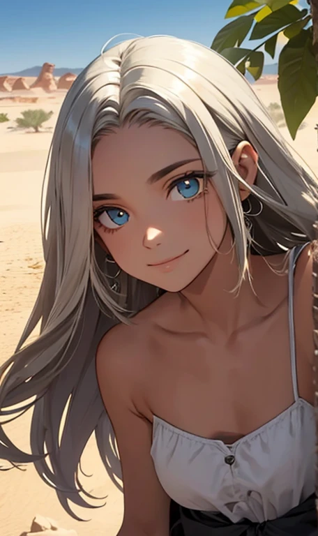 highest quality、Realistic、Women、Silver Hair、Light blue eyes、Long Hair、Bridal Lingerie、Tanned dark skin、Tan Skin、Dark Skin、Large Breasts、smile、slender、Sunburn mark、Ocean、Bust Shot
