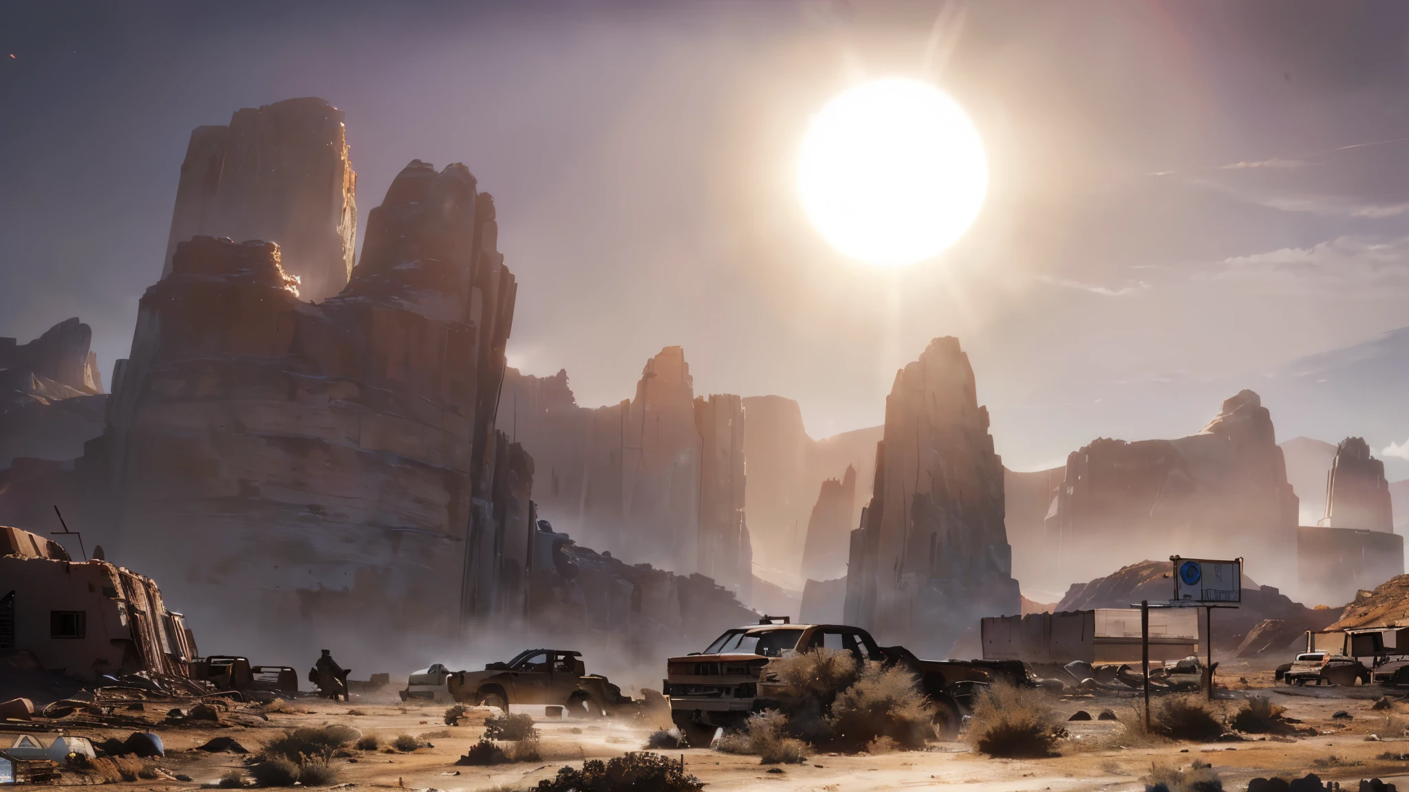 (Best quality, 8k, 32k, Masterpiece, UHD: 1.2, ray tracing: 1.2, real: 1.2), (side: 1.5), red canyon mountains in the foreground,desert mountains, (Prairie, Long Range, wind:1.5), Destruction,road works sign in the background, blue sky, white clouds, (((post apocalyptic wasteland)))