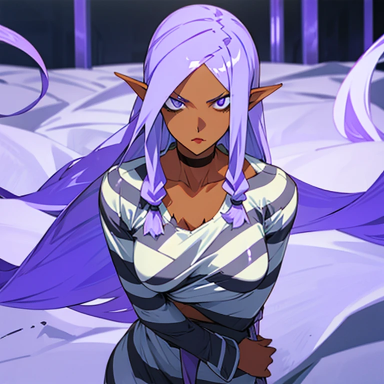 woman with long purple hair, stern look, striped prison clothes, long sleeve shirt, round neckline, white slippers, upper body, dirty clothes, manhwa style