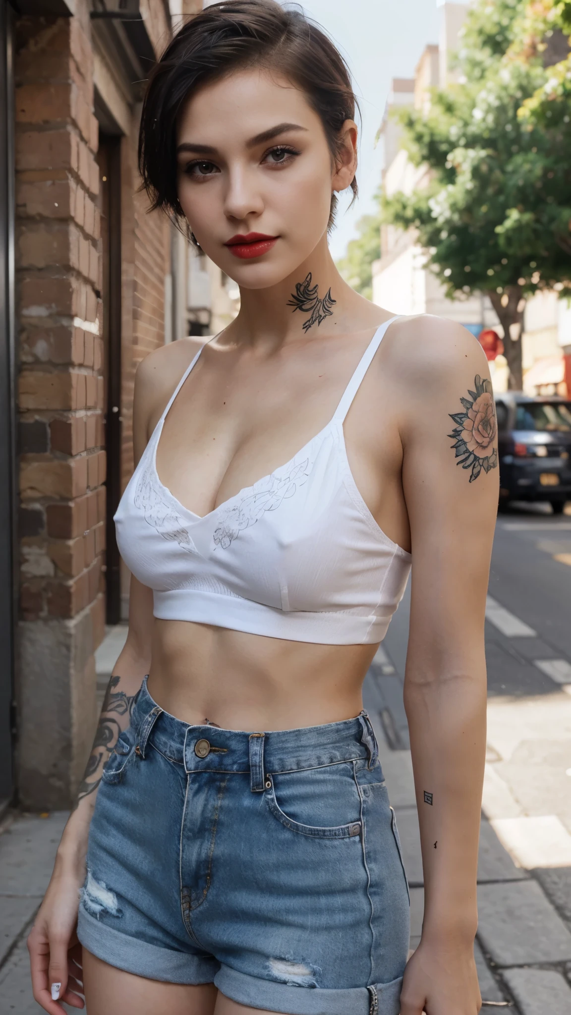 Beautiful skinny girl, white skin, shapely breasts, tattoos, short hair, short patterned shirt,jean shorts, makeup, red lipstick, great lighting, in street, small nose