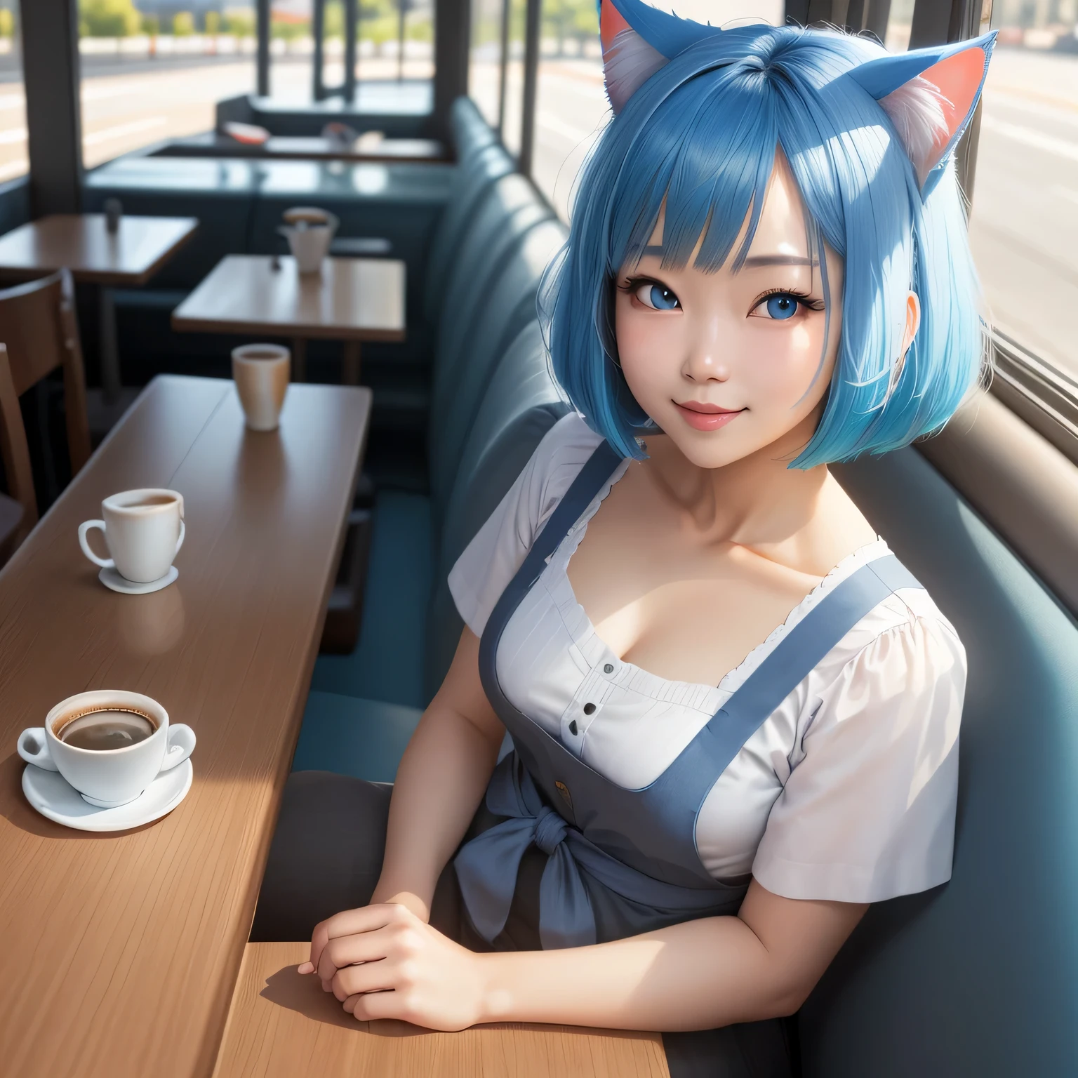 (8k, HDR, RAW photo, best quality, masterpiece:1.2, realistic lighting), overhead view, dynamic angle, korean girl, solo, wearing daily outfit, smile, (bob cuts hair), sky blue hair, path traced hair, (sky blue cat ears), ((sky blue eyes)), beauty eyes, (thin face), flat chest, (cafe:1.3), relaxing in cafe, drinking a cup of coffee, look up, upper body.