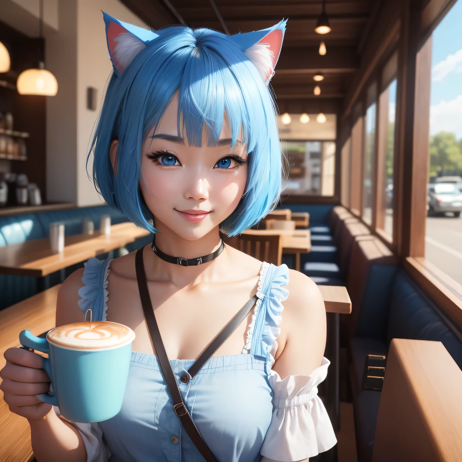 (8k, HDR, RAW photo, best quality, masterpiece:1.2, realistic lighting), overhead view, dynamic angle, korean girl, solo, wearing daily outfit, smile, (bob cuts hair), sky blue hair, path traced hair, (sky blue cat ears), ((sky blue eyes)), beauty eyes, (thin face), flat chest, (cafe:1.3), relaxing in cafe, drinking a cup of coffee, look up, upper body.
