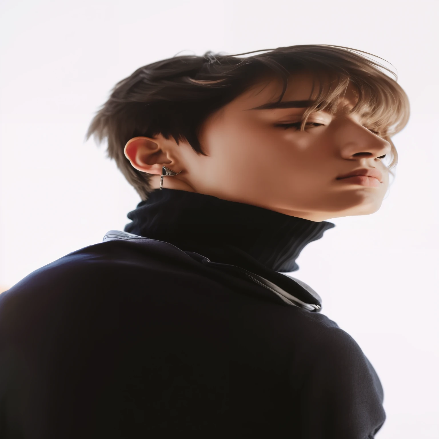 a close-up of a person in a black turtleneck sweater, Jungkook, inspirado em Jeon Jungkook, olhos claros e penetrantes, with a tattoo on your neck and piencirg, jovem.