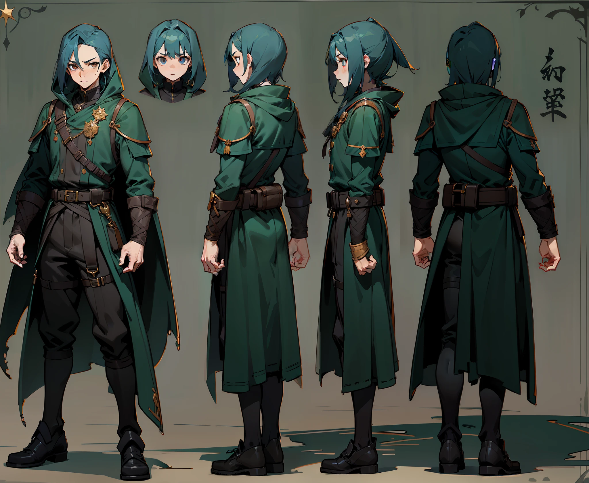 male , Reference table, (fantasy character design, front corner, back corner) Thief 1. Wear dark clothing、sloppy looking person, humble clothes, Suitable for clandestine activities. Nervous eyes glanced around, Showing tension and uneasiness after failure. Lean body shape suggests agility of movement. (masterpiece:1.2), (best quality:1.3).