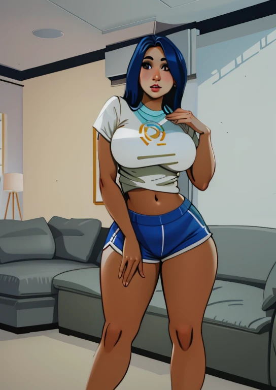 there is a woman in a white blouse and blue shorts standing in a living room, # 1 pintura digital of all time, #1 pintura digital of all time, suave. pintura digital, cartoon pintura digital, totalmente vestido. pintura de sexy, pintado digitalmente, in style of pintura digital, a pintura digital, pintura fosca digital, pintura digital 4k