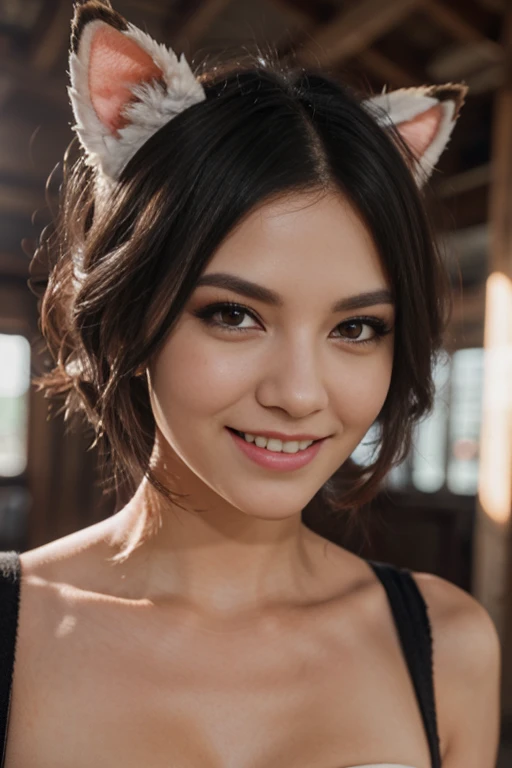 black hair, hair bobbles, wince, longeyelashes, solid circle eyes, fake animal ears, light smile, ear blush, fang, Surrealism, drop shadow, anaglyph, stereogram, tachi-e, pov, atmospheric perspective, 8k, super detail, ccurate, best quality