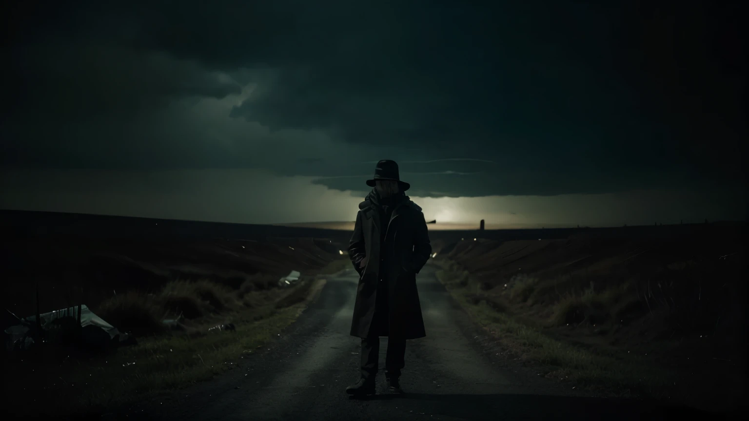 Captured in a chilling tableau, a man stands at the forefront of the frame, his gaze fixed on the unseen horrors that lie ahead. The desolate road stretches endlessly behind him, a path fraught with whispers of forgotten nightmares. The atmosphere is thick with an otherworldly unease, as if the air itself carries the weight of spectral tales. The man's face is a mosaic of fear and uncertainty, his features half-concealed by the ominous shadows that play upon them. An invisible presence seems to loom in the periphery, a harbinger of the unknown that lurks beyond the feeble glow of the moonlight. In this frozen moment, the boundary between reality and the macabre blurs, inviting the viewer to delve into the depths of a narrative tinged with the essence of terror and suspense.