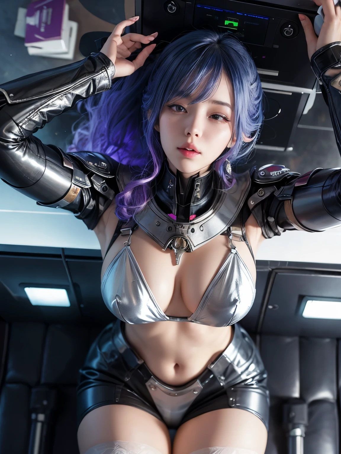 ((realistic)), ((best quality)), ((masterpiece)), (ultra details), 1girl, futuristic, cute face, k-pop idle IVE, messy hair, curly hair, wearing パワードスーツ、mechanical, wearing futuristic clothing, posing in bed, shot from above, sleeping in bed, sleeping, background cyber punk, background neon sign, steam punk, blue nipples, blue nipples, purple nipples, overhead shot, (from above:2), overhead shot widely,