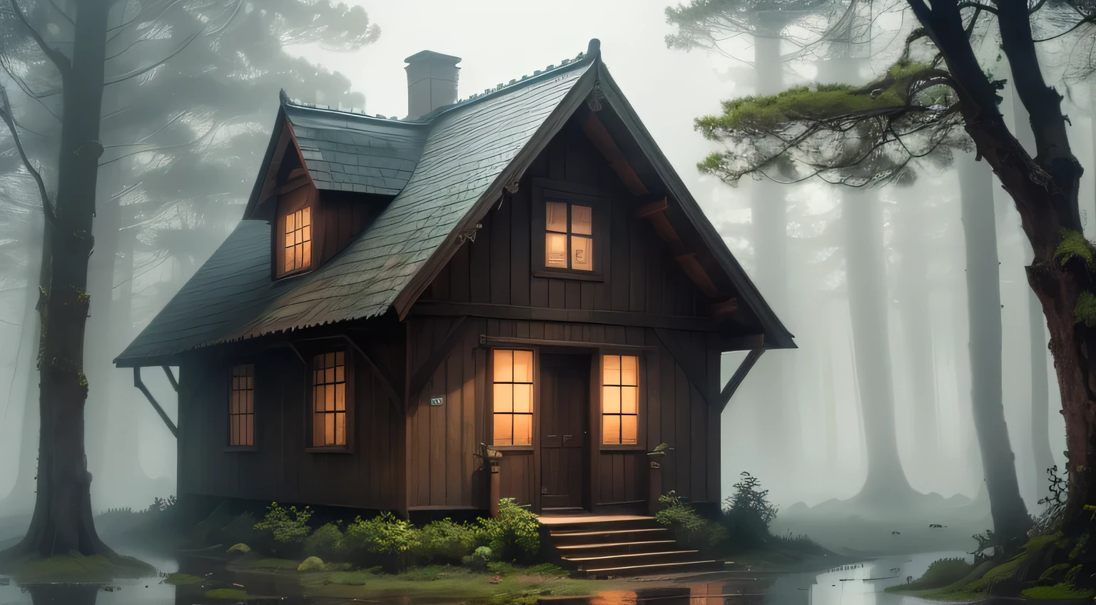 Oak house, pine forest, very heavy rain