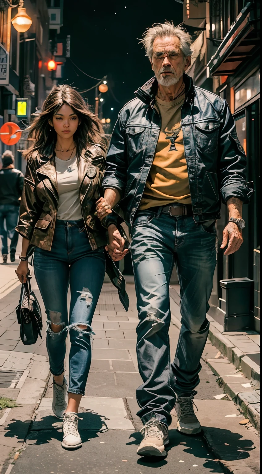 couple, full body, low view, handsome older man, athletic build, jacket and jeans, with his younger girlfriend, long brown hair, jeans, walking in the city at night.