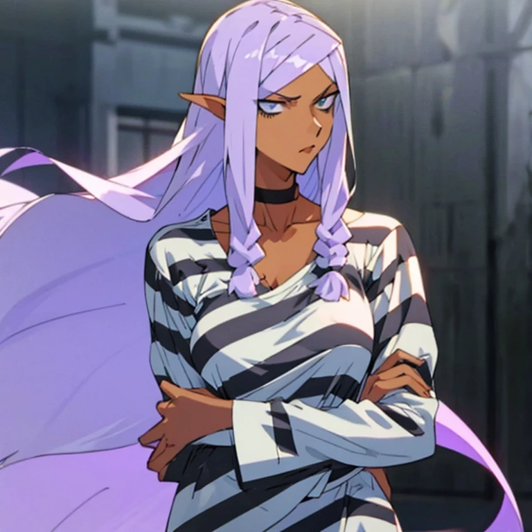 woman with long purple hair, stern look, striped prison clothes, long sleeve shirt, black and white harazontal stripes, round neckline, white slippers, upper body, dirty clothes, manhwa style