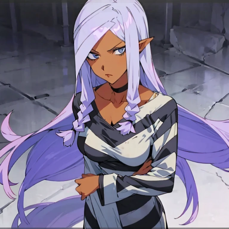 woman with long purple hair, stern look, striped prison clothes, long sleeve shirt, black and white harazontal stripes, round neckline, white slippers, upper body, dirty clothes, manhwa style