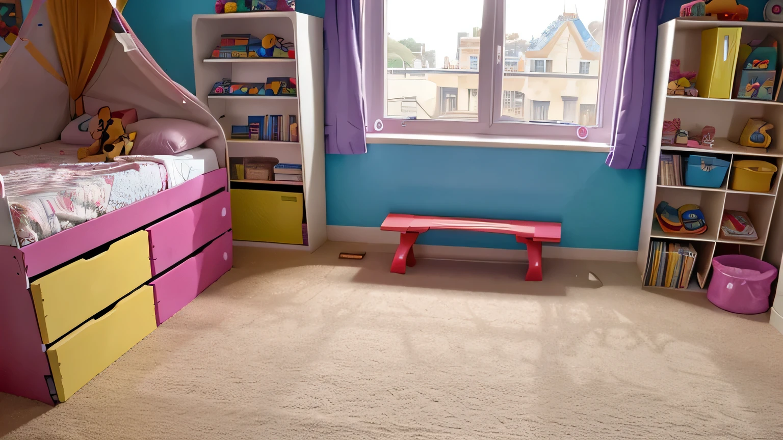 a children's room with toys on the floor and on the shelves a children's bed, the view from the floor, Estilo Disney