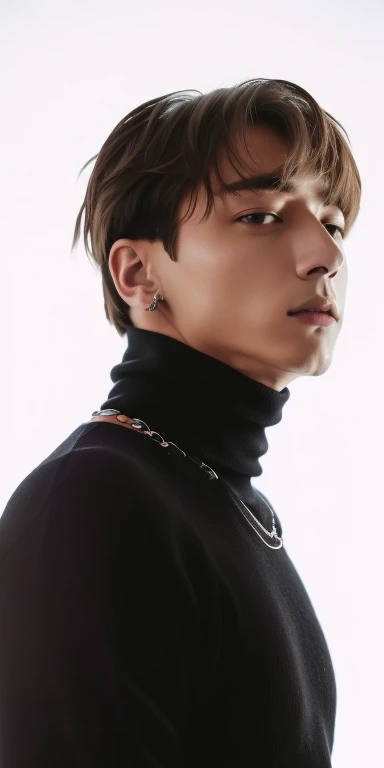 a close-up of a person in a black turtleneck sweater, Jungkook, That person is Jeon Jungkook, olhos claros e penetrantes, with a tattoo on your neck and piencirg, jovem. Jeon Jungkook bts