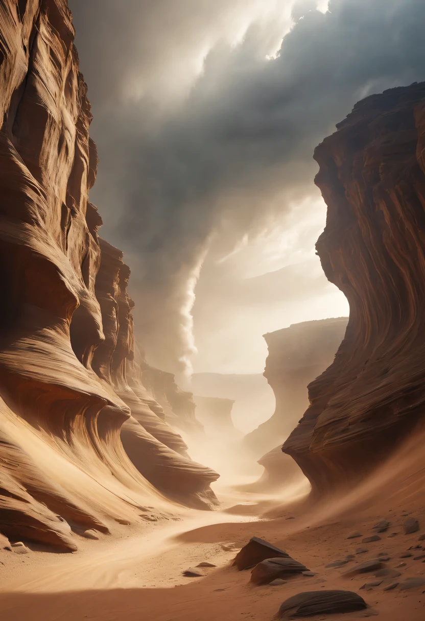 (desert canyon:1.5)，Narrow canyon in the middle of the desert,(sandstorm，tornado:1.4)，The hurricane rolled up the yellow sand and covered the sky，广阔的desert canyon,dramatic scenery,red sandstone formation,huge rock cliff,stunning landscape,deep and narrow ravine, in the style of photo realistic landscapes, Stone sculptures, cabin core, Stone, in the style of photo realistic landscapes, cabin core, tumbling wave,decorative background, photo realistic landscapes, large canvas format, 32k Ultra HD, photo, The best qualities of imaginative landscapes,4K,8k,high resolution,masterpiece:1.2),Super detailed,(actual,realistically,realistically:1.37),