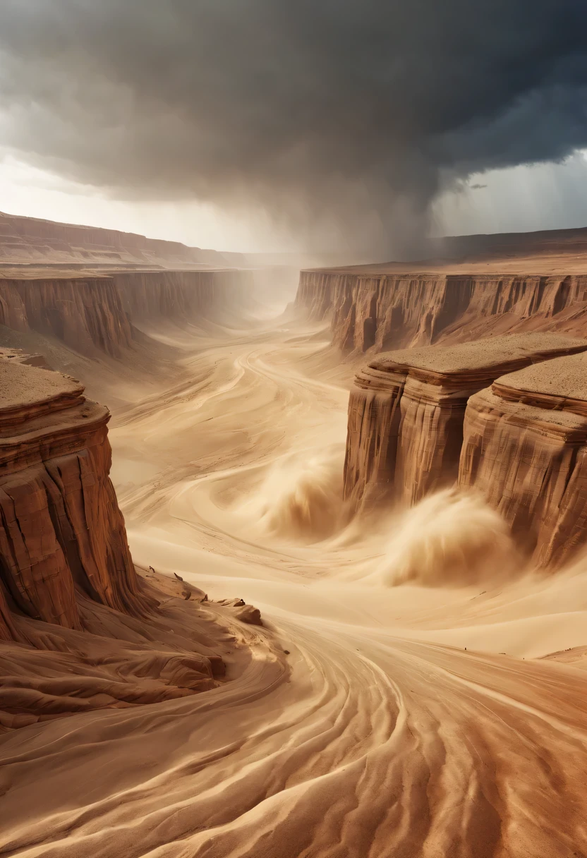 (desert canyon:1.5),Narrow canyon in the middle of the desert,(sandstorm,tornado:1.4),The hurricane rolled up the yellow sand and covered the sky,广阔的desert canyon,dramatic scenery,red sandstone formation,huge rock cliff,stunning landscape,deep and narrow ravine, in the style of photo realistic landscapes, Stone sculptures, cabin core, Stone, in the style of photo realistic landscapes, cabin core, tumbling wave,decorative background, photo realistic landscapes, large canvas format, 32k Ultra HD, photo, The best qualities of imaginative landscapes,4K,8k,high resolution,masterpiece:1.2),Super detailed,(actual,realistically,realistically:1.37),