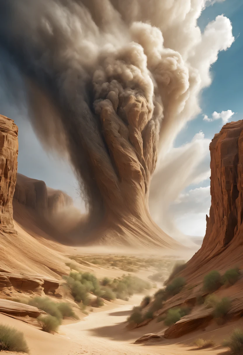 (desert canyon:1.5),Narrow canyon in the middle of the desert,(sandstorm,tornado:1.4),The hurricane rolled up the yellow sand and covered the sky,广阔的desert canyon,dramatic scenery,red sandstone formation,huge rock cliff,stunning landscape,deep and narrow ravine, in the style of photo realistic landscapes, Stone sculptures, cabin core, Stone, in the style of photo realistic landscapes, cabin core, tumbling wave,decorative background, photo realistic landscapes, large canvas format, 32k Ultra HD, photo, The best qualities of imaginative landscapes,4K,8k,high resolution,masterpiece:1.2),Super detailed,(actual,realistically,realistically:1.37),