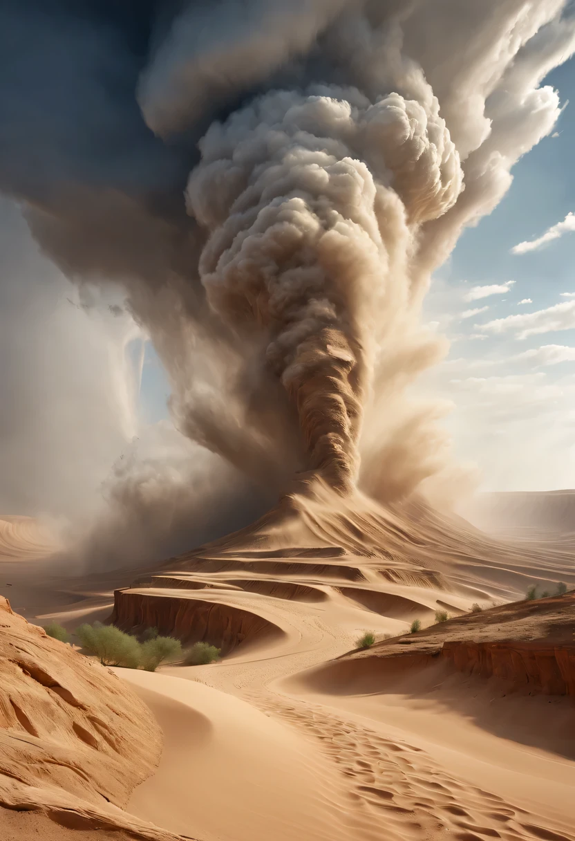 (desert canyon:1.5)，Narrow canyon in the middle of the desert,(sandstorm，tornado:1.4)，The hurricane rolled up the yellow sand and covered the sky，广阔的desert canyon,dramatic scenery,red sandstone formation,huge rock cliff,stunning landscape,deep and narrow ravine, in the style of photo realistic landscapes, Stone sculptures, cabin core, Stone, in the style of photo realistic landscapes, cabin core, tumbling wave,decorative background, photo realistic landscapes, large canvas format, 32k Ultra HD, photo, The best qualities of imaginative landscapes,4K,8k,high resolution,masterpiece:1.2),Super detailed,(actual,realistically,realistically:1.37),