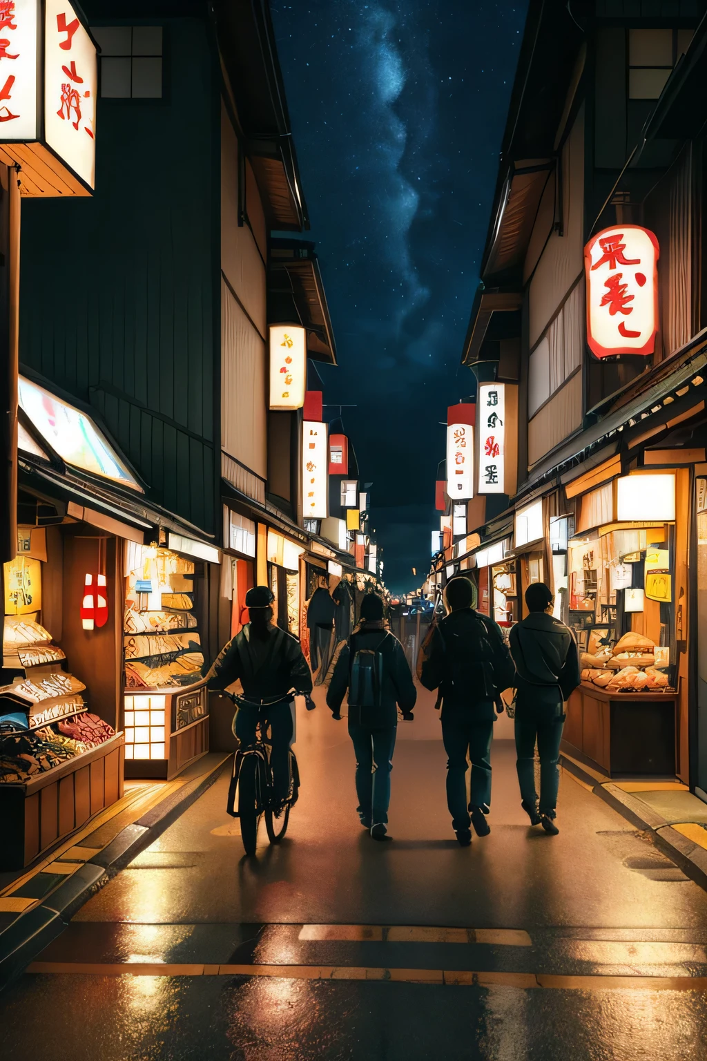 masterpiece, best quality, ultra-detailed, illustration, syonbenyokocho,night street, japan, scenery, bicycle, road, street, sign, city, ground vehicle, outdoors, lamppost, people, crosswalk, multiple boys, real world location, vanishing point, storefront, power lines, night, shop, building, cityscape, silhouette, tree, walking, realistic, photo background, photo (medium), star sky