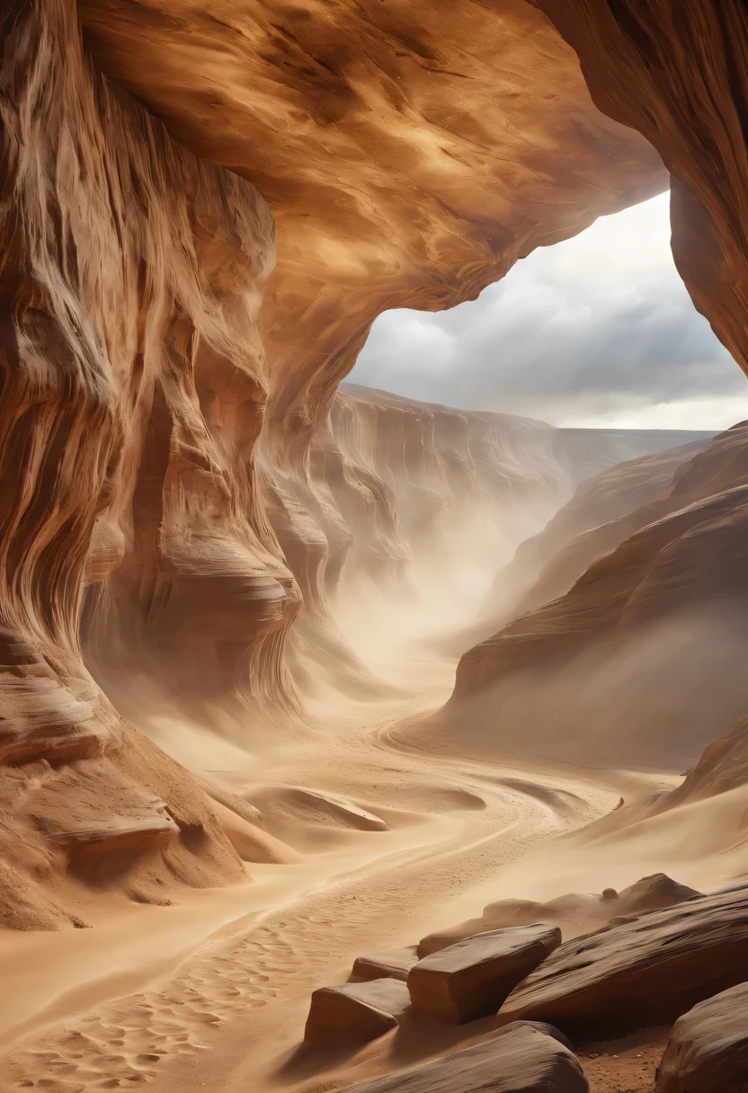 (desert canyon:1.5)，Narrow canyon in the middle of the desert,(sandstorm，tornado:1.4)，The hurricane rolled up the yellow sand and covered the sky，广阔的desert canyon,dramatic scenery,red sandstone formation,huge rock cliff,stunning landscape,deep and narrow ravine, in the style of photo realistic landscapes, Stone sculptures, cabin core, Stone, in the style of photo realistic landscapes, cabin core, tumbling wave,decorative background, photo realistic landscapes, large canvas format, 32k Ultra HD, photo, The best qualities of imaginative landscapes,4K,8k,high resolution,masterpiece:1.2),Super detailed,(actual,realistically,realistically:1.37),