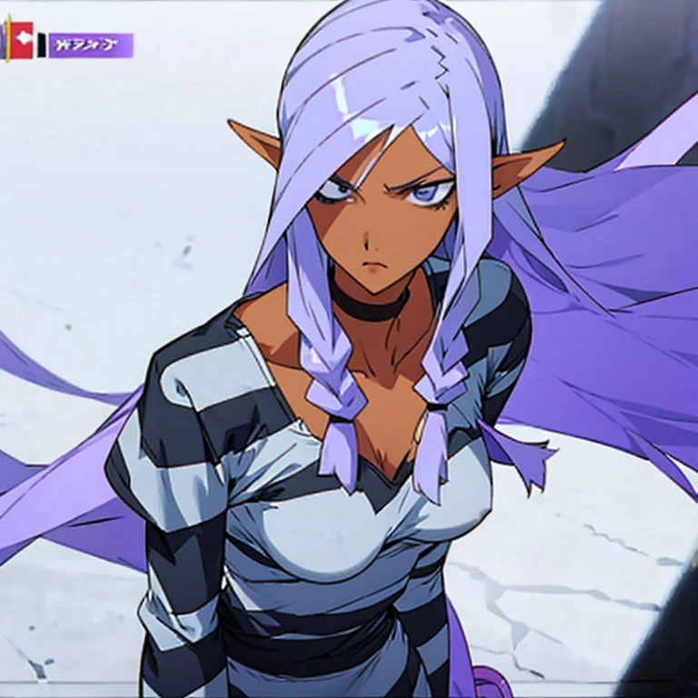 woman with long purple hair, stern look, striped prison clothes, long sleeve shirt, black and white harazontal stripes, round neckline, white slippers, upper body, dirty clothes, manhwa style