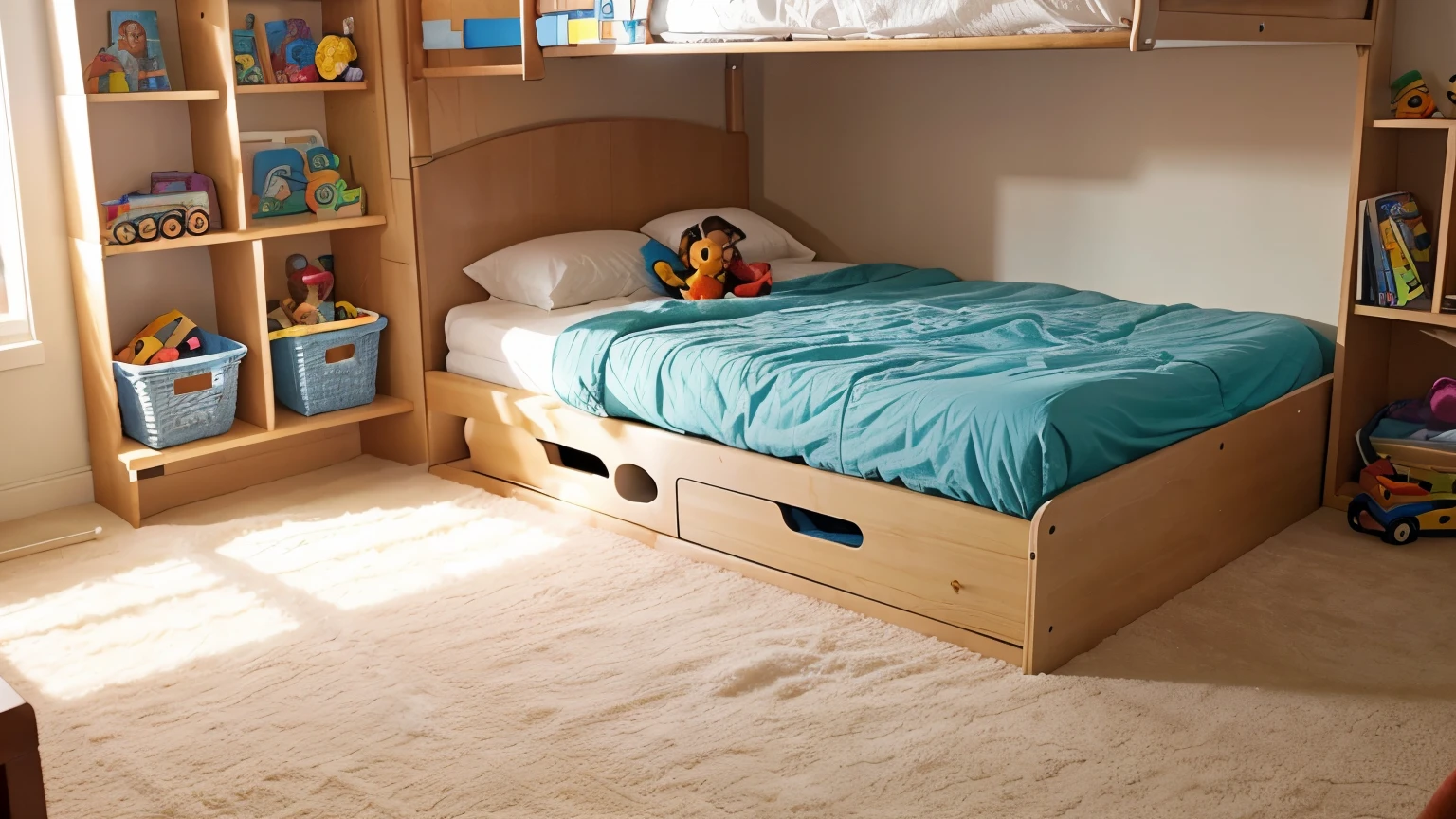 a children's room with toys on the floor and on the shelves a children's bed, the view from the floor, disney style