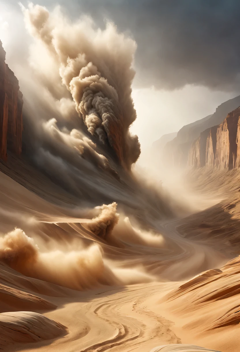 (desert canyon:1.5)，Narrow canyon in the middle of the desert,(sandstorm，tornado:1.4)，The hurricane rolled up the yellow sand and covered the sky，广阔的desert canyon,dramatic scenery,red sandstone formation,huge rock cliff,stunning landscape,deep and narrow ravine, in the style of photo realistic landscapes, Stone sculptures, cabin core, Stone, in the style of photo realistic landscapes, cabin core, tumbling wave,decorative background, photo realistic landscapes, large canvas format, 32k Ultra HD, photo, The best qualities of imaginative landscapes,4K,8k,high resolution,masterpiece:1.2),Super detailed,(actual,realistically,realistically:1.37),