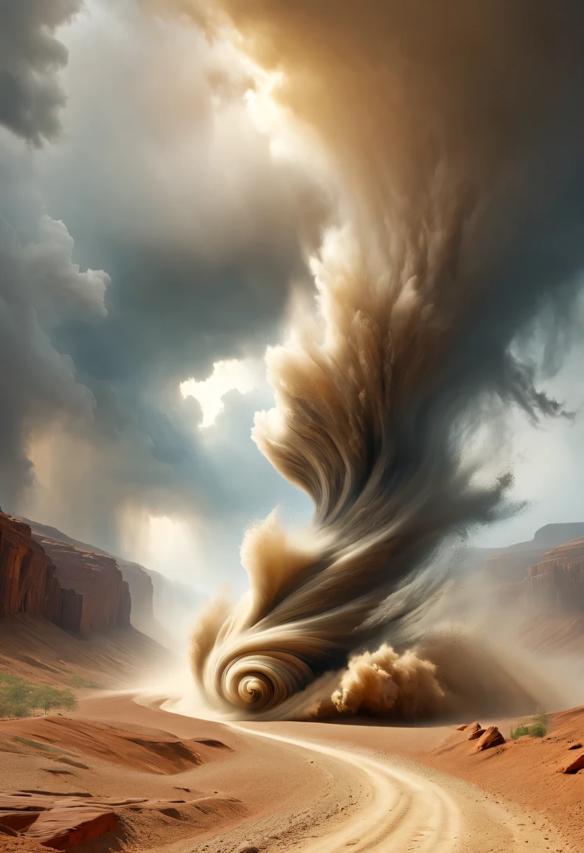 (desert canyon:1.5),Narrow canyon in the middle of the desert,(sandstorm,tornado:1.4),The hurricane rolled up the yellow sand and covered the sky,广阔的desert canyon,dramatic scenery,red sandstone formation,huge rock cliff,stunning landscape,deep and narrow ravine, in the style of photo realistic landscapes, Stone sculptures, cabin core, Stone, in the style of photo realistic landscapes, cabin core, tumbling wave,decorative background, photo realistic landscapes, large canvas format, 32k Ultra HD, photo, The best qualities of imaginative landscapes,4K,8k,high resolution,masterpiece:1.2),Super detailed,(actual,realistically,realistically:1.37),