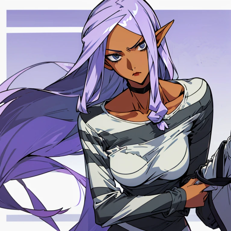 woman with long purple hair, stern look, striped prison clothes, long sleeve shirt, ((black and white harazontal stripes)), round neckline, white slippers, upper body, dirty clothes, manhwa style