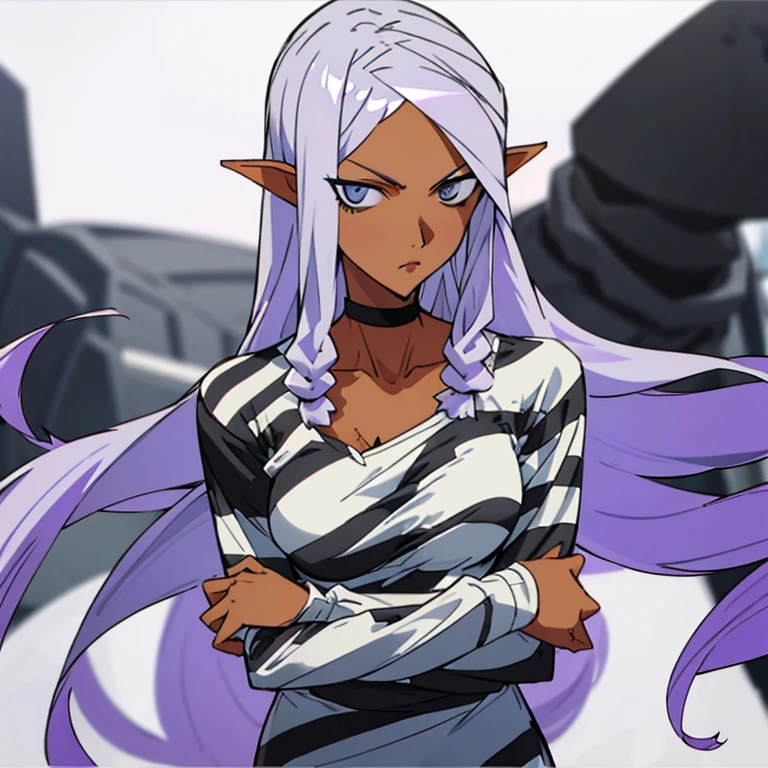 woman with long purple hair, stern look, striped prison clothes, long sleeve shirt, ((black and white harazontal stripes)), round neckline, white slippers, upper body, dirty clothes, manhwa style