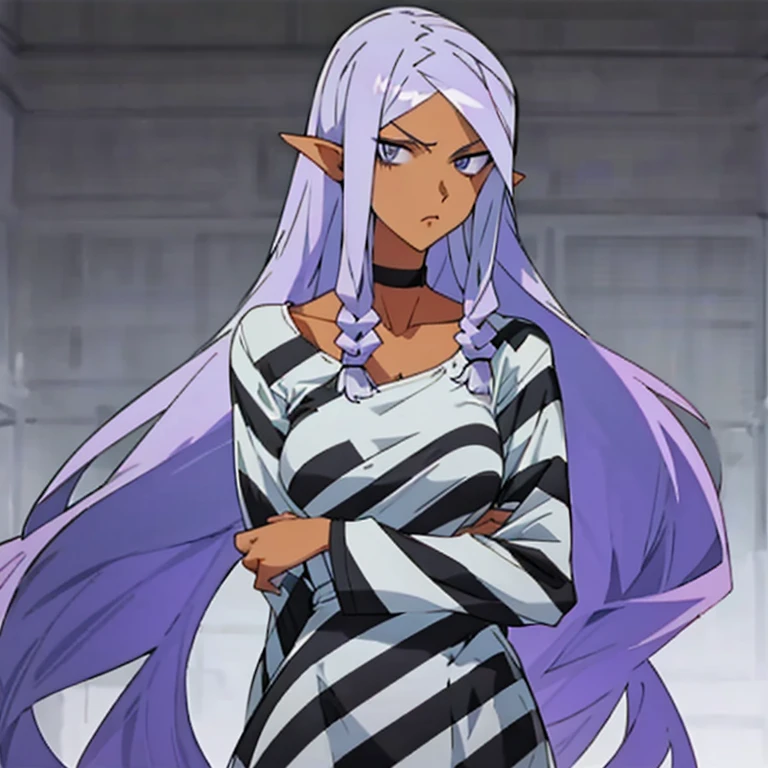 woman with long purple hair, stern look, striped prison clothes, long sleeve shirt, ((black and white harazontal stripes)), round neckline, white slippers, upper body, dirty clothes, manhwa style