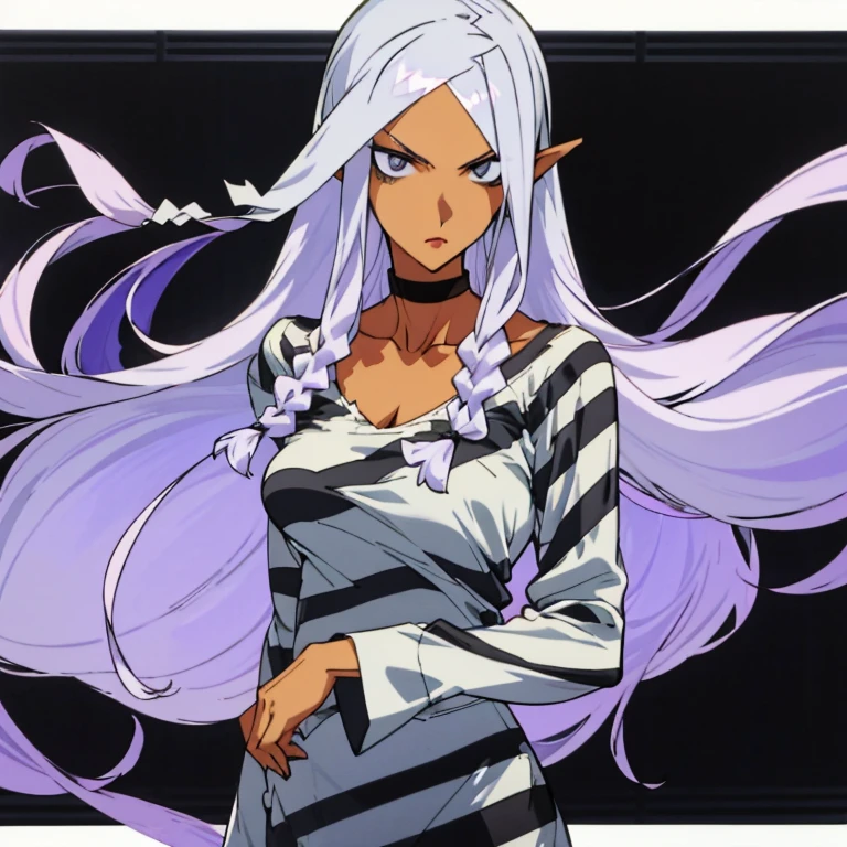 woman with long purple hair, stern look, striped prison clothes, long sleeve shirt, ((black and white harazontal stripes)), round neckline, white slippers, upper body, dirty clothes, manhwa style