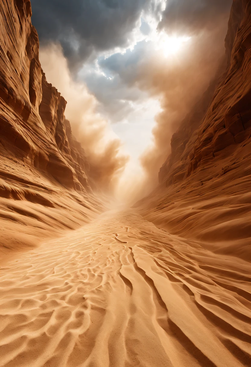 (desert canyon:1.5)，Narrow canyon in the middle of the desert,(sandstorm，tornado:1.4)，The hurricane rolled up the yellow sand and covered the sky，广阔的desert canyon,dramatic scenery,red sandstone formation,huge rock cliff,stunning landscape,deep and narrow ravine, in the style of photo realistic landscapes, Stone sculptures, cabin core, Stone, in the style of photo realistic landscapes, cabin core, tumbling wave,decorative background, photo realistic landscapes, large canvas format, 32k Ultra HD, photo, The best qualities of imaginative landscapes,4K,8k,high resolution,masterpiece:1.2),Super detailed,(actual,realistically,realistically:1.37),
