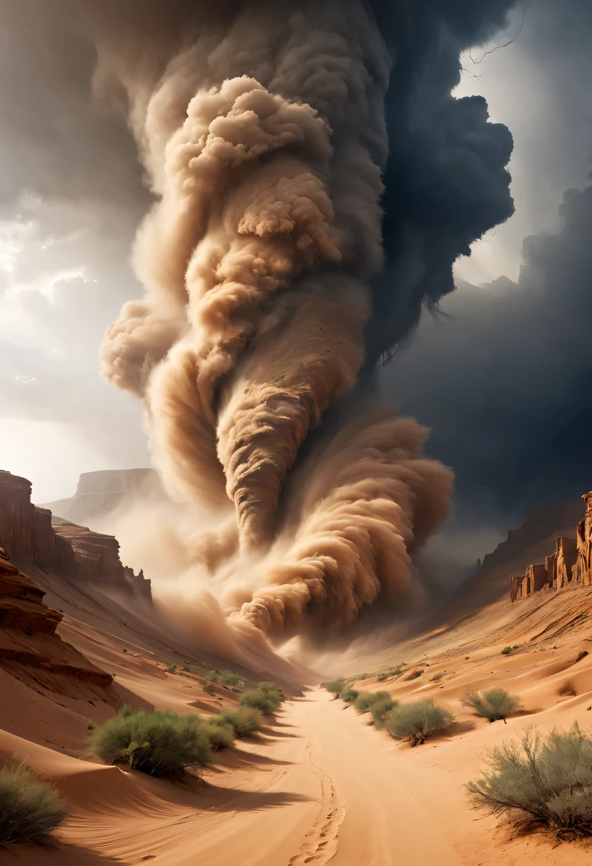 (desert canyon:1.5)，Narrow canyon in the middle of the desert,(sandstorm，tornado:1.4)，The hurricane rolled up the yellow sand and covered the sky，广阔的desert canyon,dramatic scenery,red sandstone formation,huge rock cliff,stunning landscape,deep and narrow ravine, in the style of photo realistic landscapes, Stone sculptures, cabin core, Stone, in the style of photo realistic landscapes, cabin core, tumbling wave,decorative background, photo realistic landscapes, large canvas format, 32k Ultra HD, photo, The best qualities of imaginative landscapes,4K,8k,high resolution,masterpiece:1.2),Super detailed,(actual,realistically,realistically:1.37),