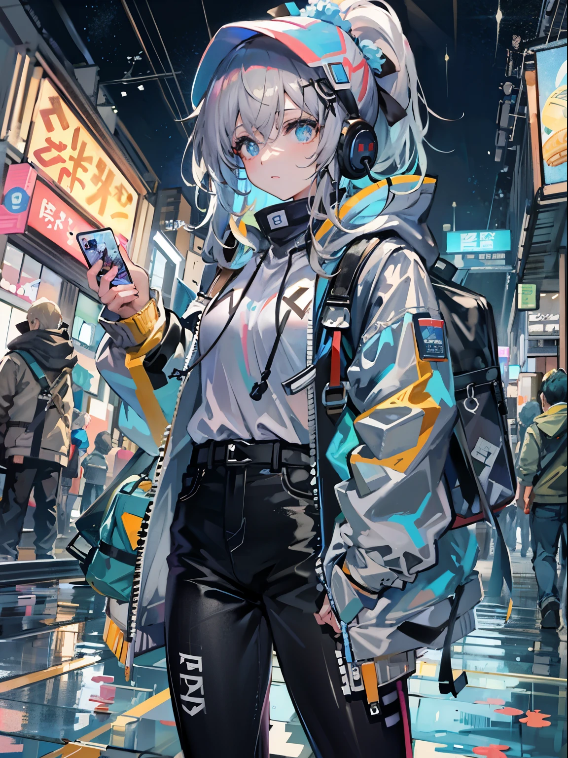 8K resolution、((de primera calidad))、((masterpiece))、((ultra detallado))、1 mujer、solo、incredibly absurd、Oversized hoodies、auriculares、calle、aire libre、La lluvia、neons、Pelo Atajo、Ojos de colores brillantes、Manos en los bolsillos、pantalones cortos、goteo de agua