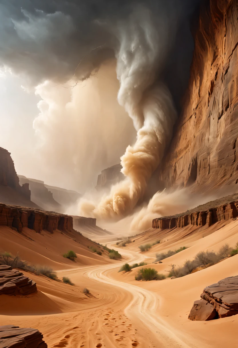 (desert canyon:1.5)，Narrow canyon in the middle of the desert,(sandstorm，tornado:1.4)，The hurricane rolled up the yellow sand and covered the sky，广阔的desert canyon,dramatic scenery,red sandstone formation,huge rock cliff,stunning landscape,deep and narrow ravine, in the style of photo realistic landscapes, Stone sculptures, cabin core, Stone, in the style of photo realistic landscapes, cabin core, tumbling wave,decorative background, photo realistic landscapes, large canvas format, 32k Ultra HD, photo, The best qualities of imaginative landscapes,4K,8k,high resolution,masterpiece:1.2),Super detailed,(actual,realistically,realistically:1.37),