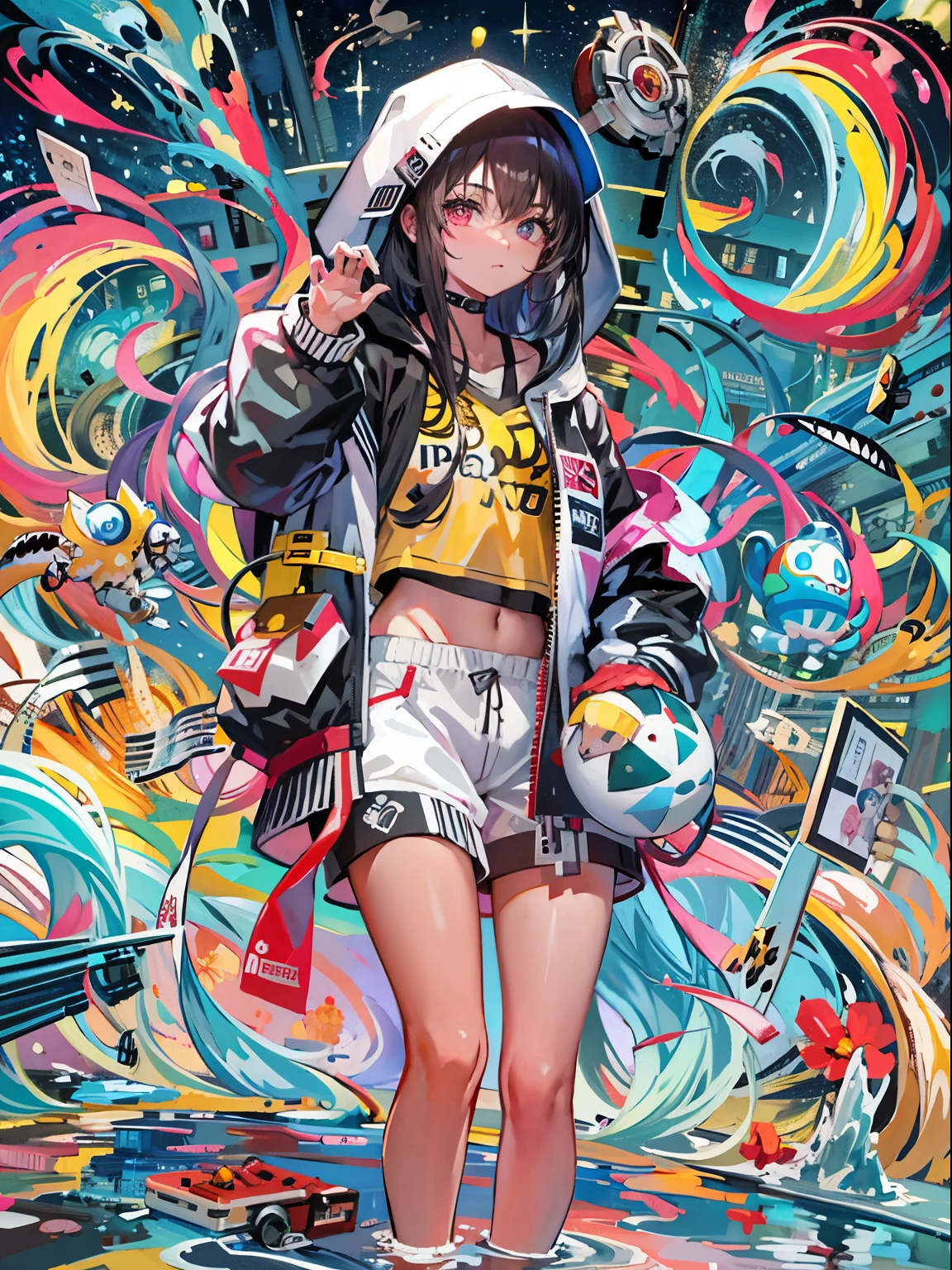 8K resolution、((de primera calidad))、((masterpiece))、((ultra detallado))、1 mujer、solo、incredibly absurd、Oversized hoodies、auriculares、calle、aire libre、La lluvia、neons、Pelo Atajo、Ojos de colores brillantes、Manos en los bolsillos、pantalones cortos、goteo de agua