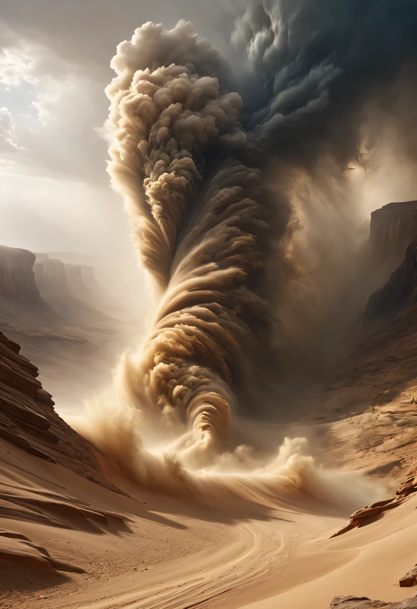 (desert canyon:1.5)，Narrow canyon in the middle of the desert,(sandstorm，tornado:1.4)，The hurricane rolled up the yellow sand and covered the sky，广阔的desert canyon,dramatic scenery,red sandstone formation,huge rock cliff,stunning landscape,deep and narrow ravine, in the style of photo realistic landscapes, Stone sculptures, cabin core, Stone, in the style of photo realistic landscapes, cabin core, tumbling wave,decorative background, photo realistic landscapes, large canvas format, 32k Ultra HD, photo, The best qualities of imaginative landscapes,4K,8k,high resolution,masterpiece:1.2),Super detailed,(actual,realistically,realistically:1.37),